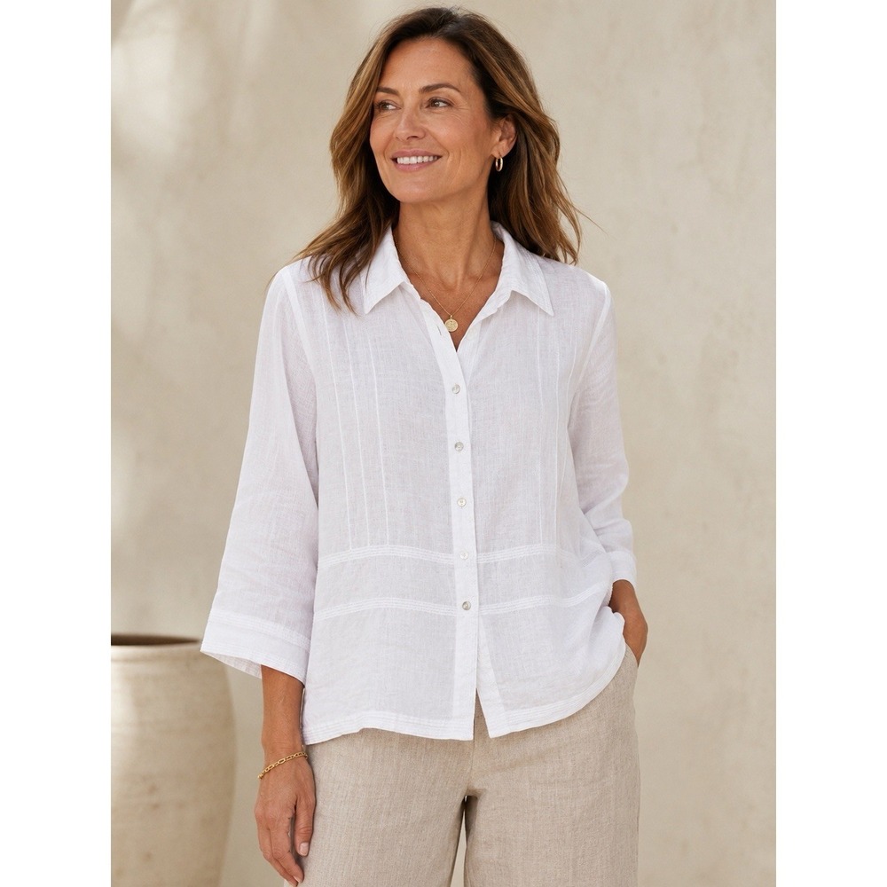 Appraisal Shirt Women's Top Blouse Sz L Linen Boho Peasant Pin tuck Beach Resort